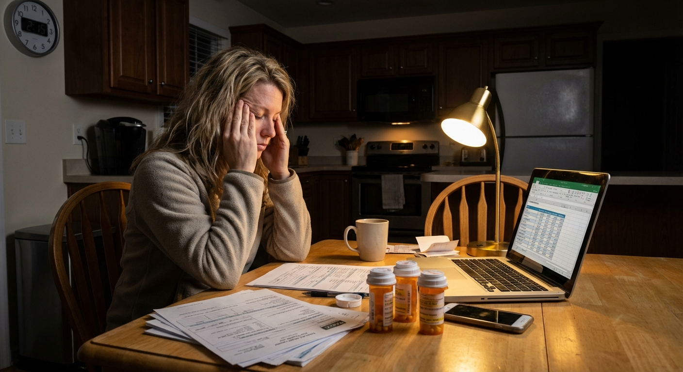 Overwhelmed caregiver managing medications and paperwork late at night