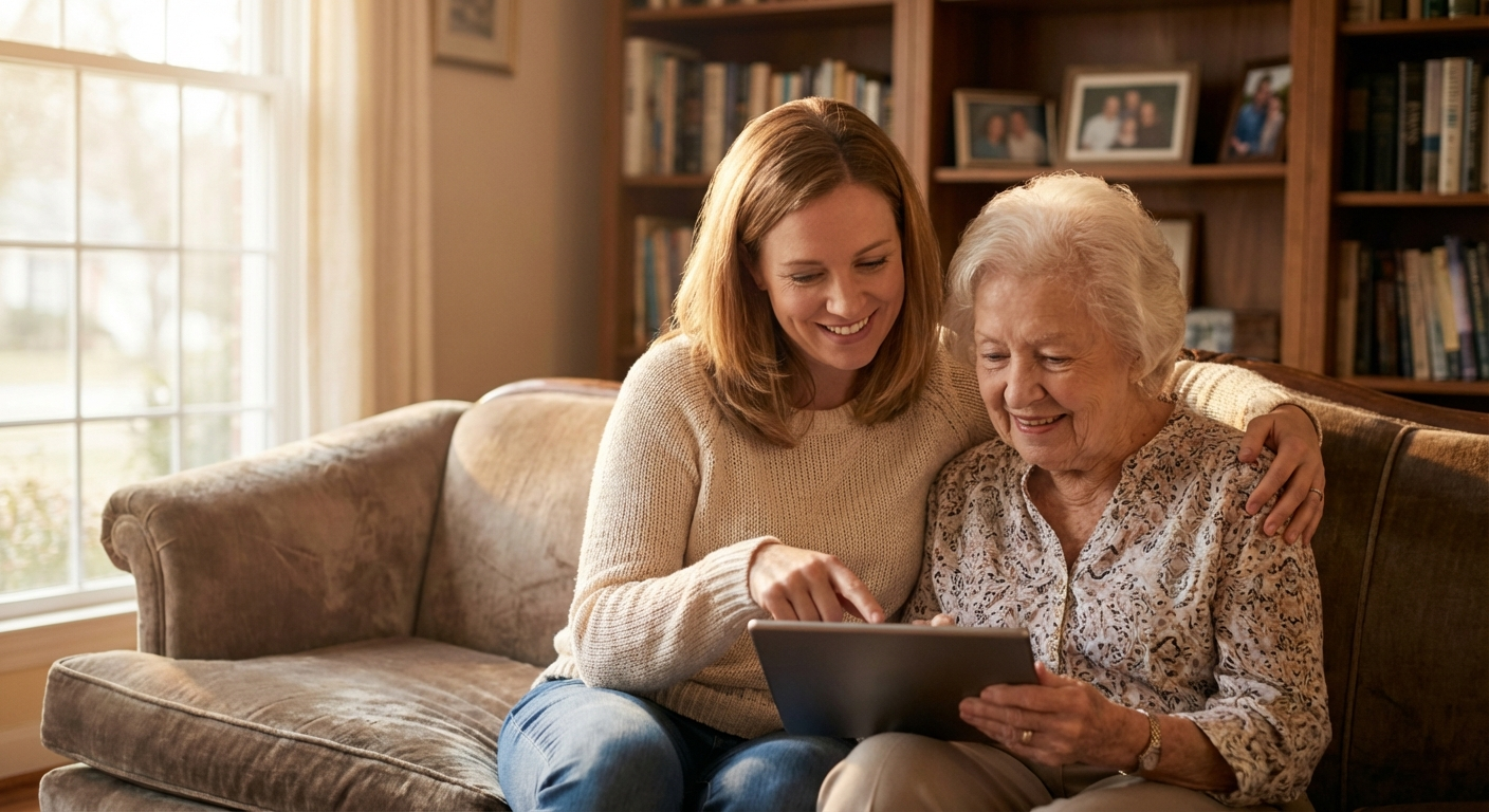 Daughter and elderly mother looking at health dashboard together on tablet